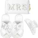 Personalized Initial Wedding Bride Slippers, Bride to Be Gifts, Bridal Shower Gifts, Bride Hair Clip MRS Makeup Bag (White)