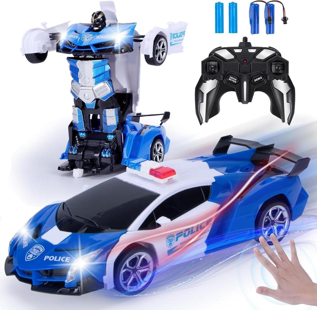 Wrystte Remote Control Police Car,Gesture Sensing Transform Robot 2.4G RC Cars Toys for Ages 4-12,Boy Toys with Light Music,One Button Deformation,360 Rotating Drift, Xmas Birthday Gift for Boys Girls (Blue & White)