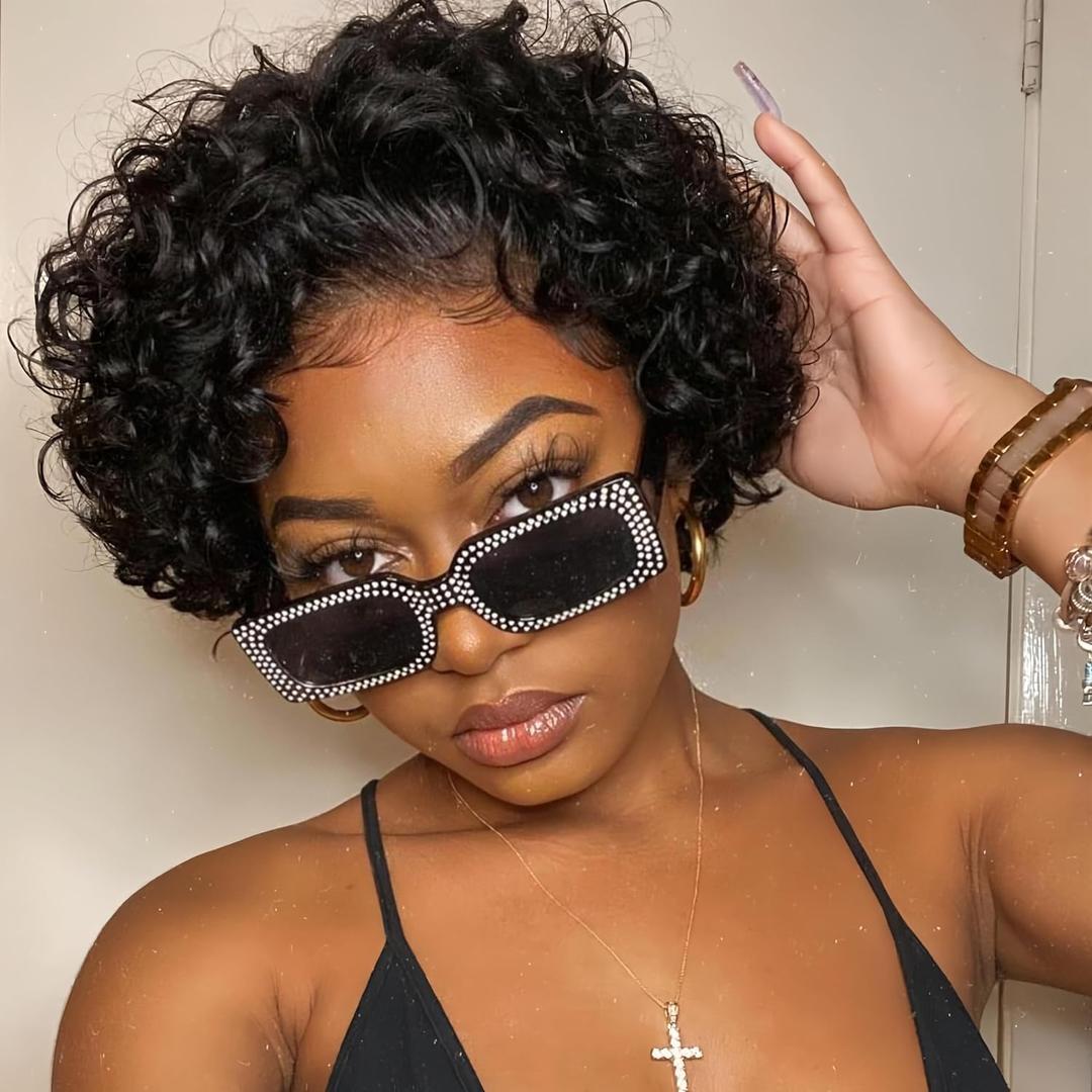 Pixie Cut Wig Human Hair, Short Lace Bob Curly Wig Water Wave Lace Front Human Hair Wig 13X1 HD Lace Frontal Wigs for Black Women 6 Inches (1B#)