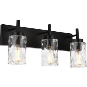 BONLICHT Vanity Light Fixtures 3 Light Modern Wall Sconces Lighting Black Bathroom Lights Wall Mounted with Hammered Glass Shade,Farmhouse Wall Light for Mirror Cabinets, Powder Room, Dressing Table