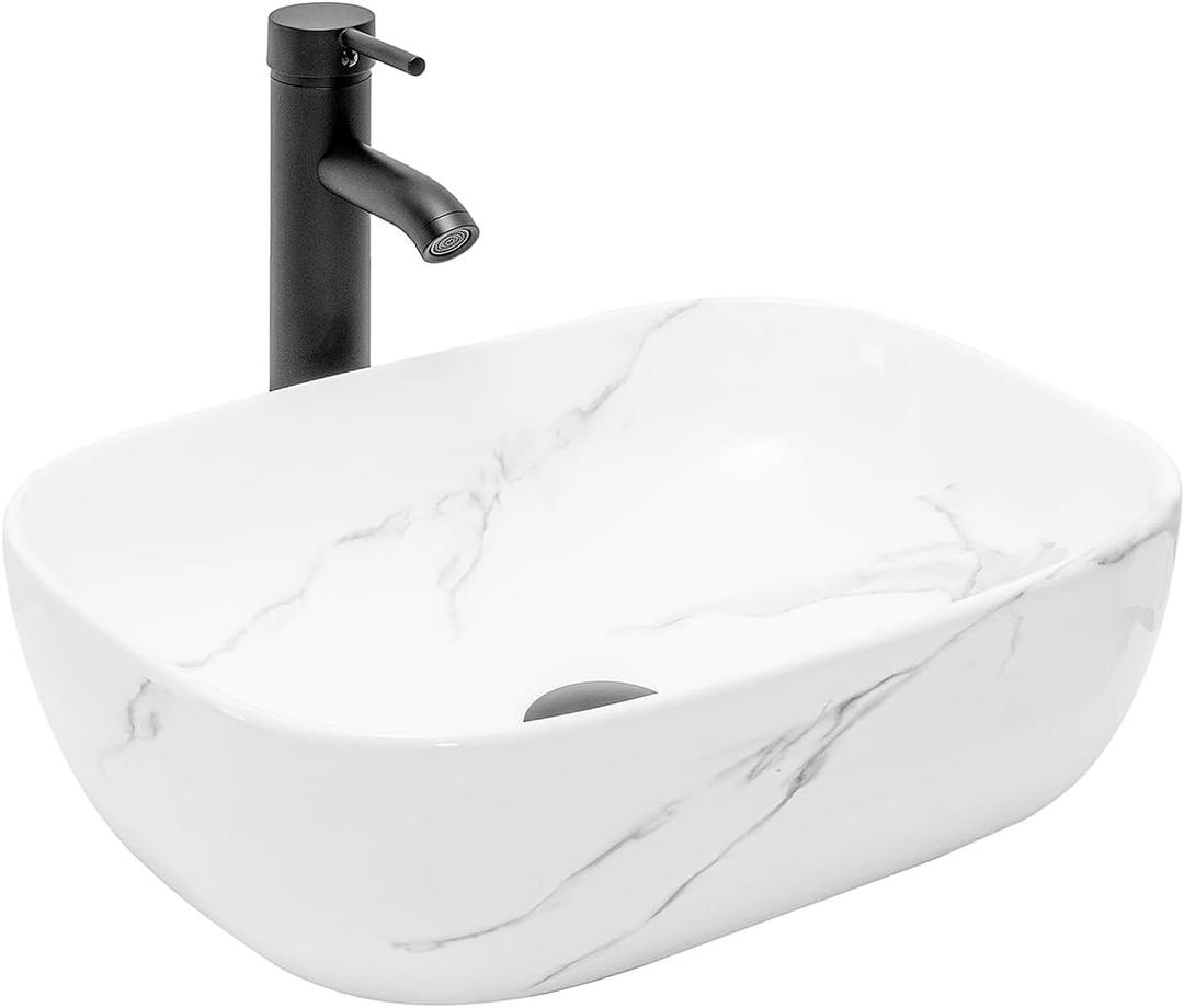 Bathroom Vessel Sink 18'' x 12.6'' Ceramic Porcelain Bathroom Sink Above Counter Basin Washing Bowl with Faucet Pop up Drain Combo, Marble Rectangle