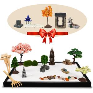 14" x 10" Large Japanese Zen Garden Kit for Desk  Includes 25+ Accessories: Sand Tray, Rake, Trees, Incense Burner, Bridge, Well, Door  Calming Decor Gift for Women, Mindfulness & Stress Relief