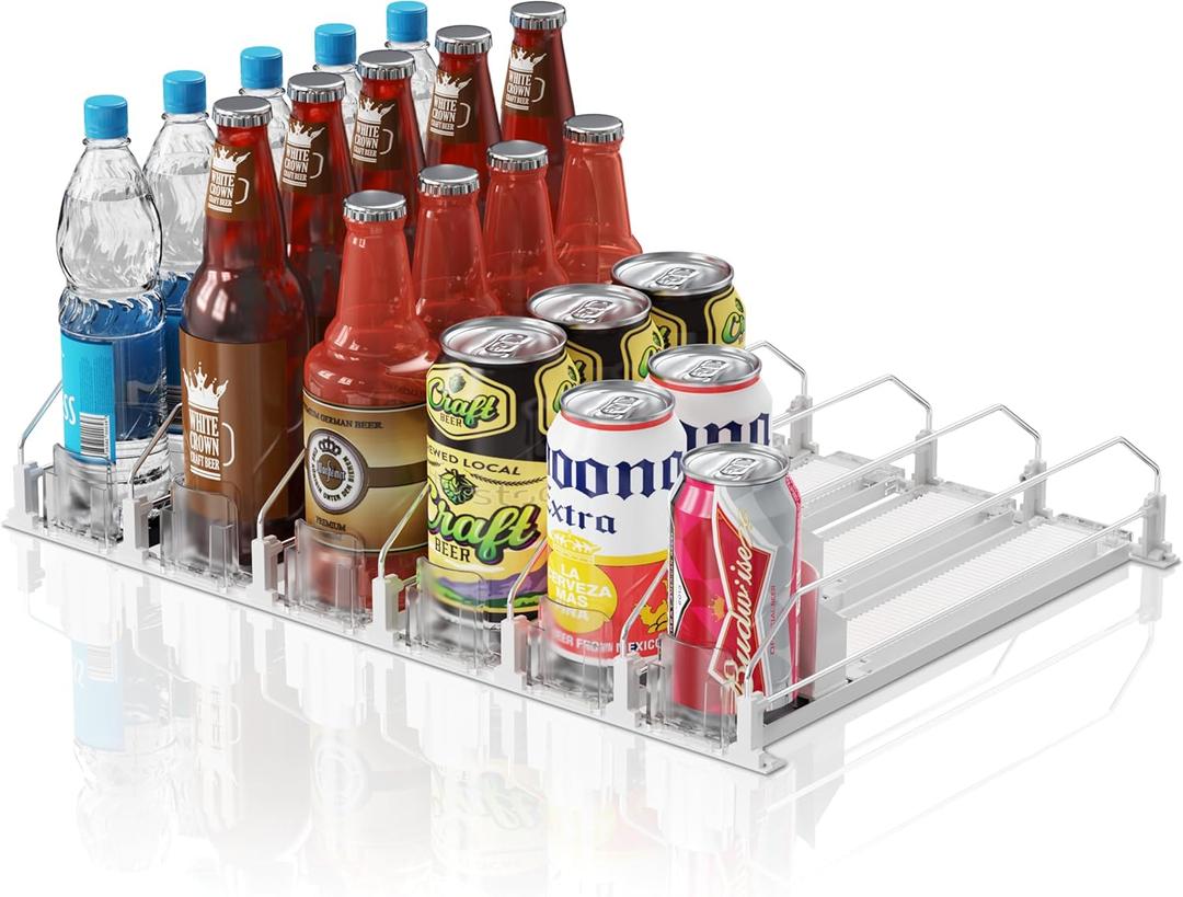 Drink Organizer for Fridge,12oz 16oz 20oz - Soda Can Dispenser for Refrigerator,Width Adjustable,Automatic Pusher Glide (White, 15"D 6ROW, Holds 30 Cans)