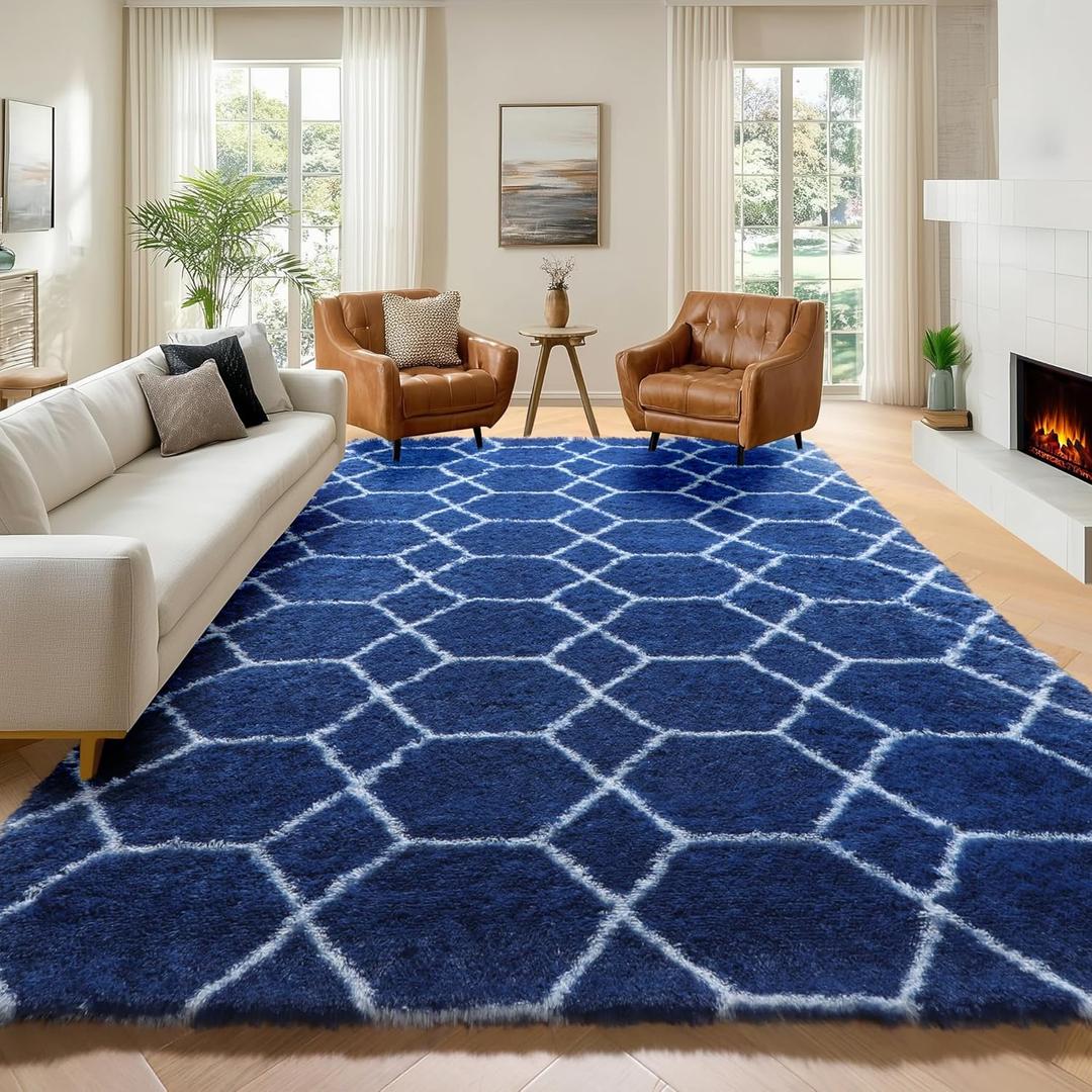 ONASAR Large 6x9 Area Rugs for Living Room, Fluffy Geometric Navy and White Rug for Boys Bedroom Home Decor Aesthetic, Soft Shaggy Plush Floor Carpet for Girls Teen Nursery Playroom Office Dorm