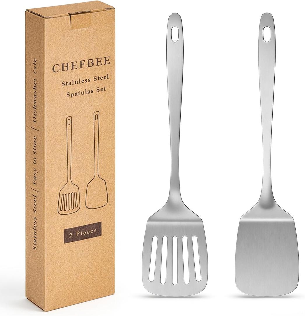 ChefBee 2PCS Metal Spatula Set - Stainless Steel Spatula Solid & Slotted Turner Flipper for Kitchen Use, Heat Resistant Kitchen Cooking Utensils for Flipping Fish, Eggs, Pancakes, Dishwasher Safe (13.2in)