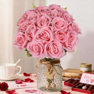 20PCS Artificial Roses with Long Stems - Realistic Silk Flowers, Fake Roses Real Touch Bouquet of Roses for Valentine's Day, Home Decor, Bridal Wedding Party, Bulk Faux Rose Flowers (Pink)