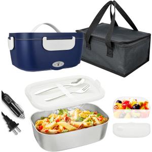 VICARKO Electric Lunch Box 80W Food Heater for Adults 12~24/110~220V Portable Heated Warmer for Car/Truck/Office with SS Fork Spoon, 1.5L, 304 Container