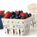 NOSTALGIE Farmhouse Ceramic Berry Basket, Colander, Farmers Market square Bowl. Rustic Kitchen decor fruit bowls, Fruit Baskets, Bleu White and Blueberry pattern Stoneware Harvest Bowls Set of 4