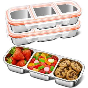 QCQHDU Snack Containers, Reusable Stainless Steel 3 Compartment Condiment Metal Bento Lunch Box with Lids, Divided Snack Food Storage Lunchable Containers for Home, Work, Travel, Camping, 3 Pack