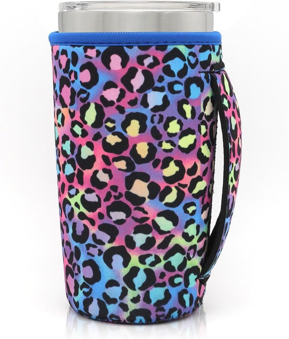 Neoprene Insulated Sleeves Cup Holder with Handle for 20oz Tumbler Cups, Reusable Iced Coffee Sleeve For 30oz - 32oz coffee cups(Blue cheetah) (20-24 FI OZ Pack of 1)