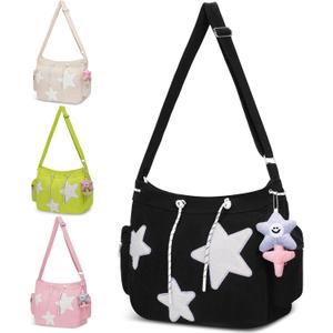 Cute Tote Bag for Women, Aesthetic Canvas Crossbody Bag Y2k Star Hobo Shoulder Purse Kawaii Zipper Messenger Bag (Black-Corduroy)