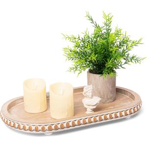 HPC Decor 15in Oval Tray for Home Decor - Brown Wood Beaded Tray - Decorative Serving Tray,Rustic Farmhouse Wooden Trays for Vintage Centerpiece,Kitchen Counter,Living Room Decor,Coffee Table Decor.