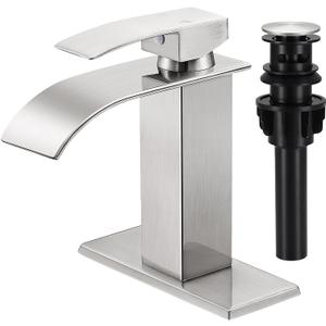 Bathroom Faucets Brushed Nickel Waterfall Bathroom Sink Faucet Modern Single Handle Bathroom Faucet for 1 or 3 Hole Mxier Tap Washbasin Faucet with Deck, Pop-up Drain and Supply Hoses