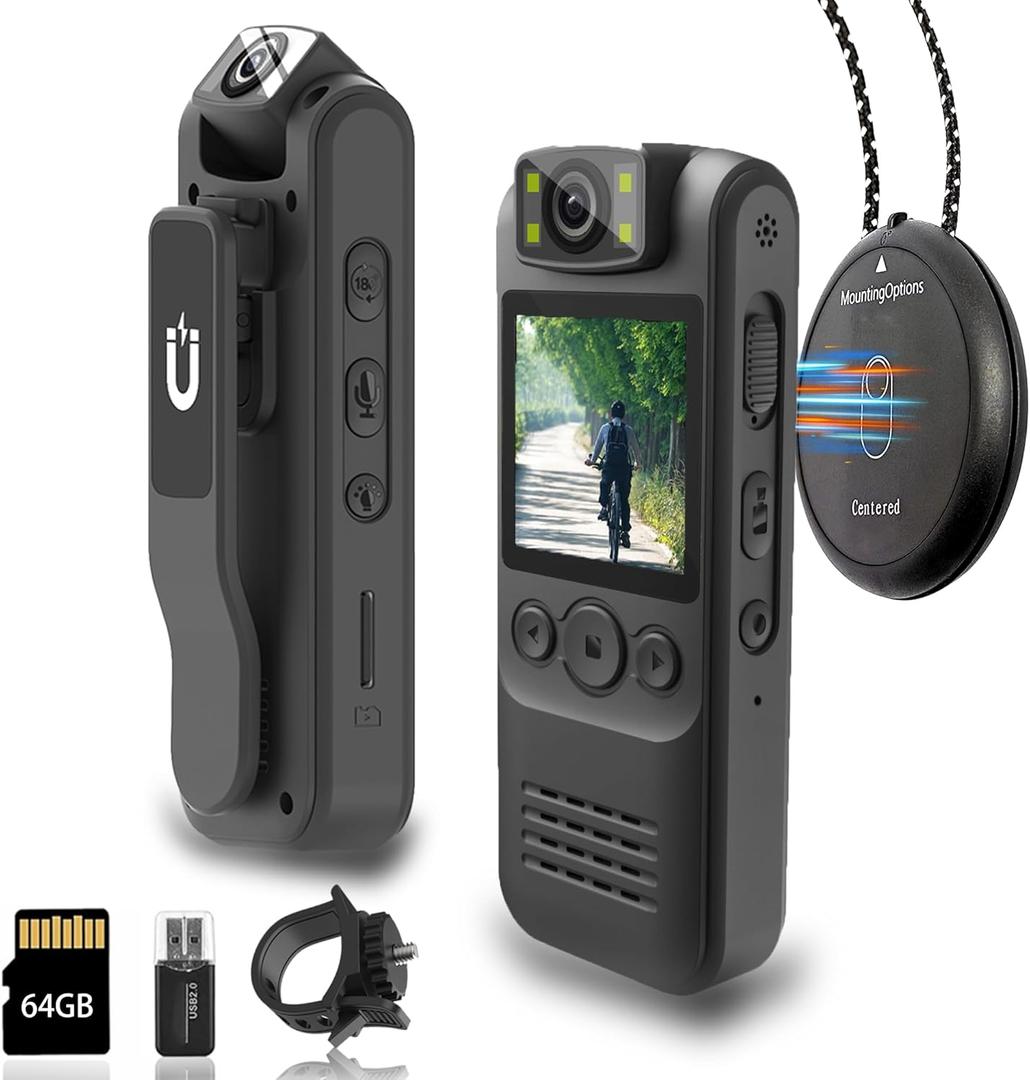 Body Camera with Audio and Video Recording, 1080P HD 64GB Storage, Magnetic Lanyard, 180 Rotating Lens, 1.4" Display Portable Wearable Cam for Law Enforcement, Outdoor Activities, Riding, Hiking