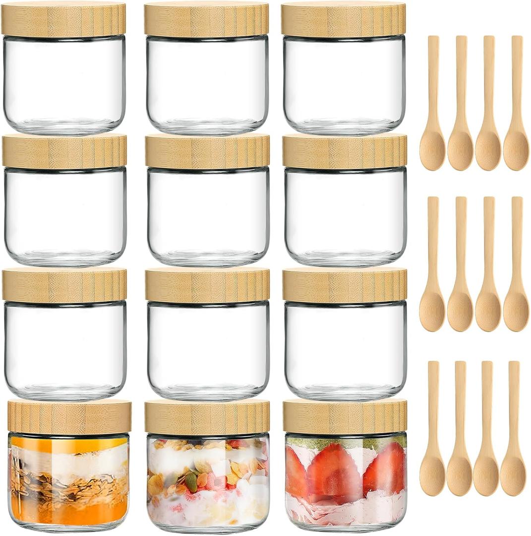 TBWIND 12 Pack 10oz Glass Jars with Bamboo Lids, Spoons, Airtight Overnight Oats Containers, Salad & Yogurt Storage, Mason Jars for Snacks, Spices, Meal Prep Reusable