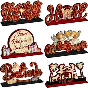 Shellwei 6 Pcs Christmas Table Decoration Nativity Scene Jesus Christian Centerpiece Wooden Xmas Religious Party Decor Believe Joy Noel Jesus Table Topper Winter Holiday Sign for Indoor New Year Craft
