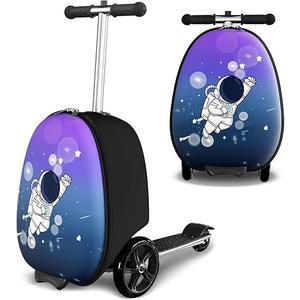 2-in-1 Ride-On Scooter Suitcase, Scooter Luggage for Kids Ages 5-12, Foldable & Lightweight Carry with LED Light-Up Wheels (Large, Purple)