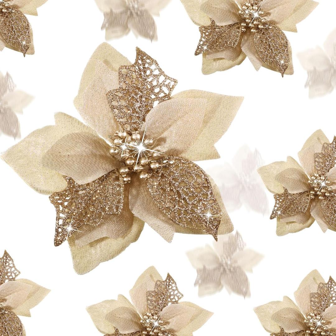 WILLBOND 36 Pieces Christmas Poinsettia Glitter Faux Flowers Christmas Artificial Flowers Tree Ornaments Topper Xmas Decorations(Champagne)