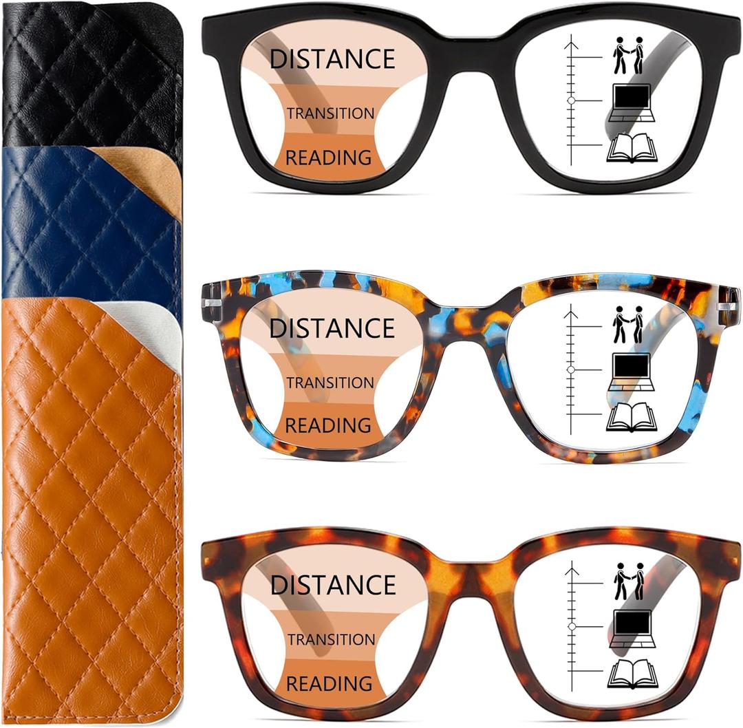 3 Pack Near-range Workspace Progressive Reading Glasses for Women Men Square Oprah Style Blue Light Blocking Readers (Black+leopard+blue Leopard)
