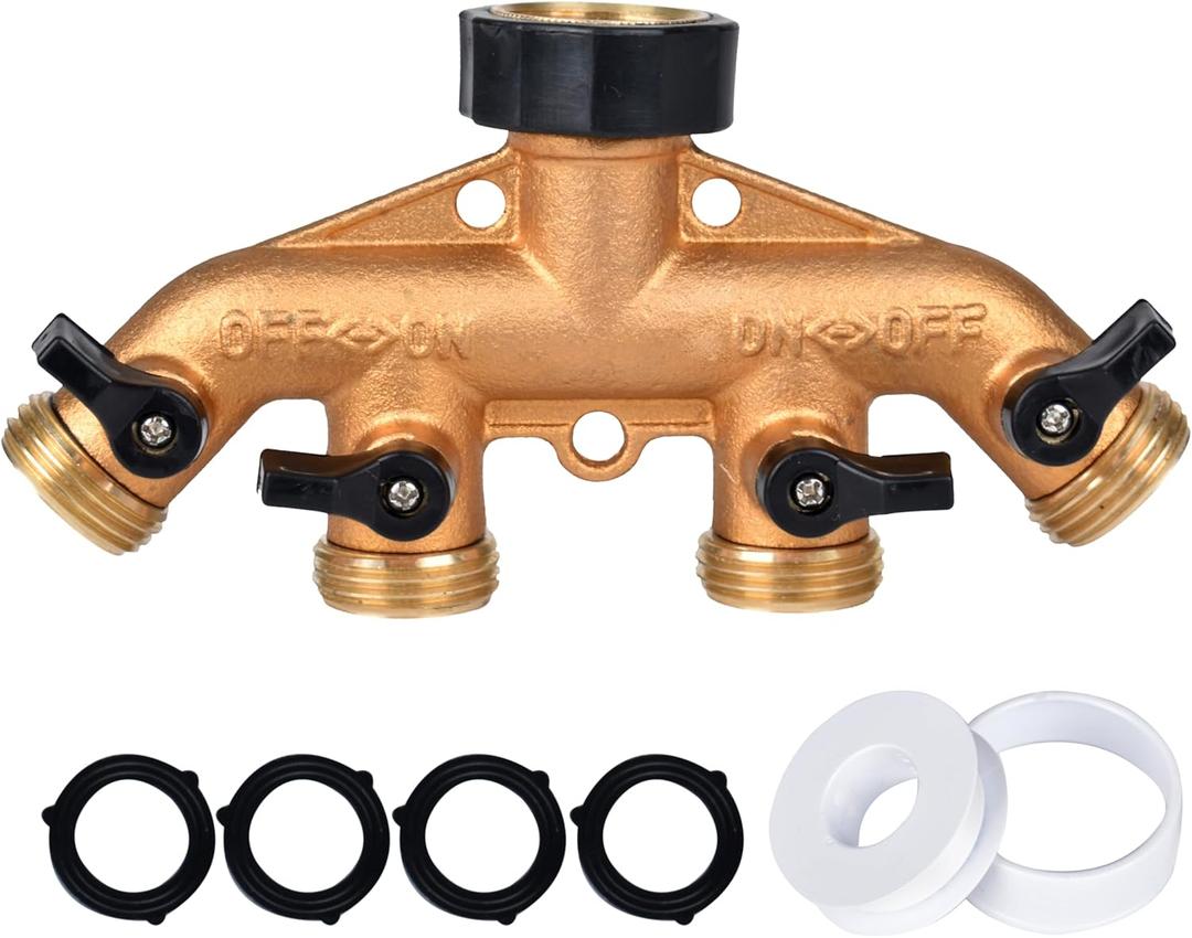 Brass 4 Way Faucet Splitter, 4 Port Manifold, 4-Way Garden Hose Splitter, 3/4" Heavy-Duty Spigot Adapter with Individual Shutoff Valves, Solid Brass Manifold, Leak-Resistant