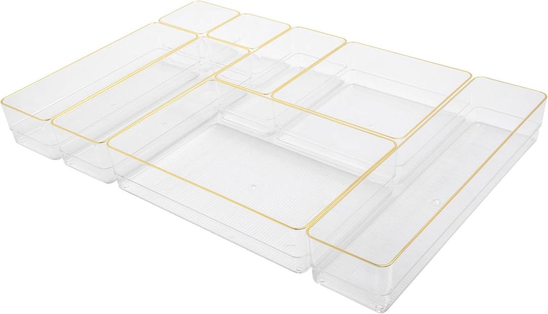 Martha Stewart Kerry Plastic Stackable Office Desk Drawer Organizers, Set of 8, with Gold Trim