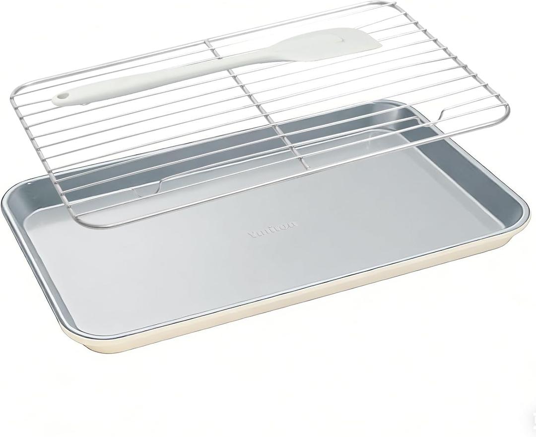 7PCS Ceramic-Coated Baking Sheet Set - 10x15in Jelly Roll Pan Non-Stick Cookie Sheet with Wire Rack, Silicone Spatula & 4 Cookie Cutters, PFAS Free, Oven Safe (550F), Sunshine Cream