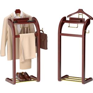 Suit Valet Stand for Men, Wood Mens Valet Stand with Base, Contour Hanger, Tray, Trouser Bar and Tie Bar, Clothes Valet Stand for Bedroom Entryway Home Living Room Office (Reddish brown)