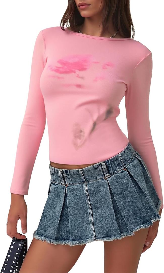 Fisoew Womens Cropped T Shirts Floral Print Mesh Long Sleeve Crew Neck Casual Tee Shirt Tops Y2K Going Out Outfits (Pink, S)