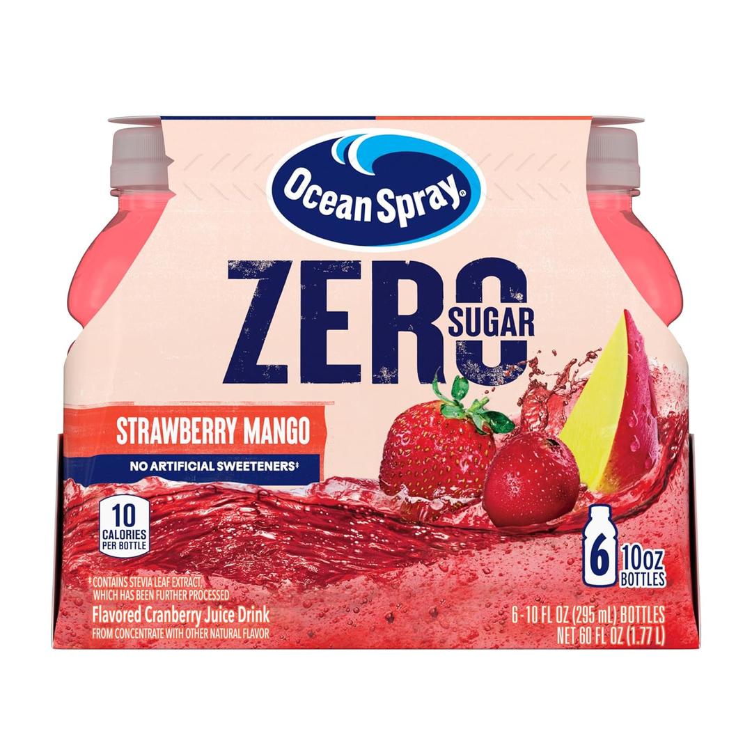 Ocean Spray ZERO Sugar Strawberry Mango Juice Drink, Strawberry Mango Juice Drink Sweetened with Stevia, 10 Fl Oz Bottle, 6 Count (Pack of 1) (EXP 11/11/26)