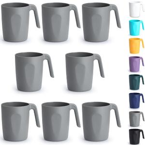 Berglander Gray Plastic Coffee Mugs Set of 8, Plastic Cups with Handles 15oz, Reusable Water Cup, Easy to Carry, Great for Home, Garden, Picnic, Camping, Outdoor