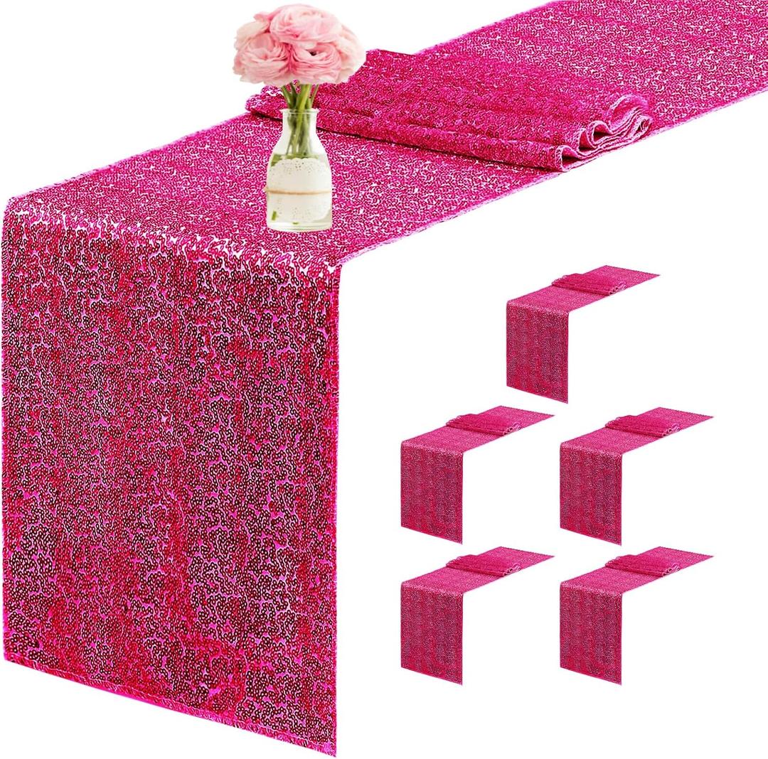 6 Packs 12 x 72 inches Sequin Table Runner, Hot Pink Glitter Table Runner for Birthday Party Supplies Wedding Engagement Baby Shower Holiday Celebration Event Decorations