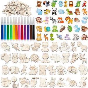 gisgfim 36Pcs Wooden Magnet Painting Craft Kit DIY Wooden Magnets Coloring Arts Crafts for Kids Ages 4-8 8-12 for Birthday Party Gifts Toys Jungle Animal Creativity Supplies Party Favors