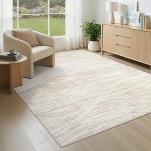 WITSHOCK 5x7 Area Rug for Living Room, Washable Rugs for Bedroom Kitchen Nursery Dining Room Office, Modern Neutral Wave Striped Rugs, Soft Thin Carpet Non Slip Low Pile for Home Decor, Beige