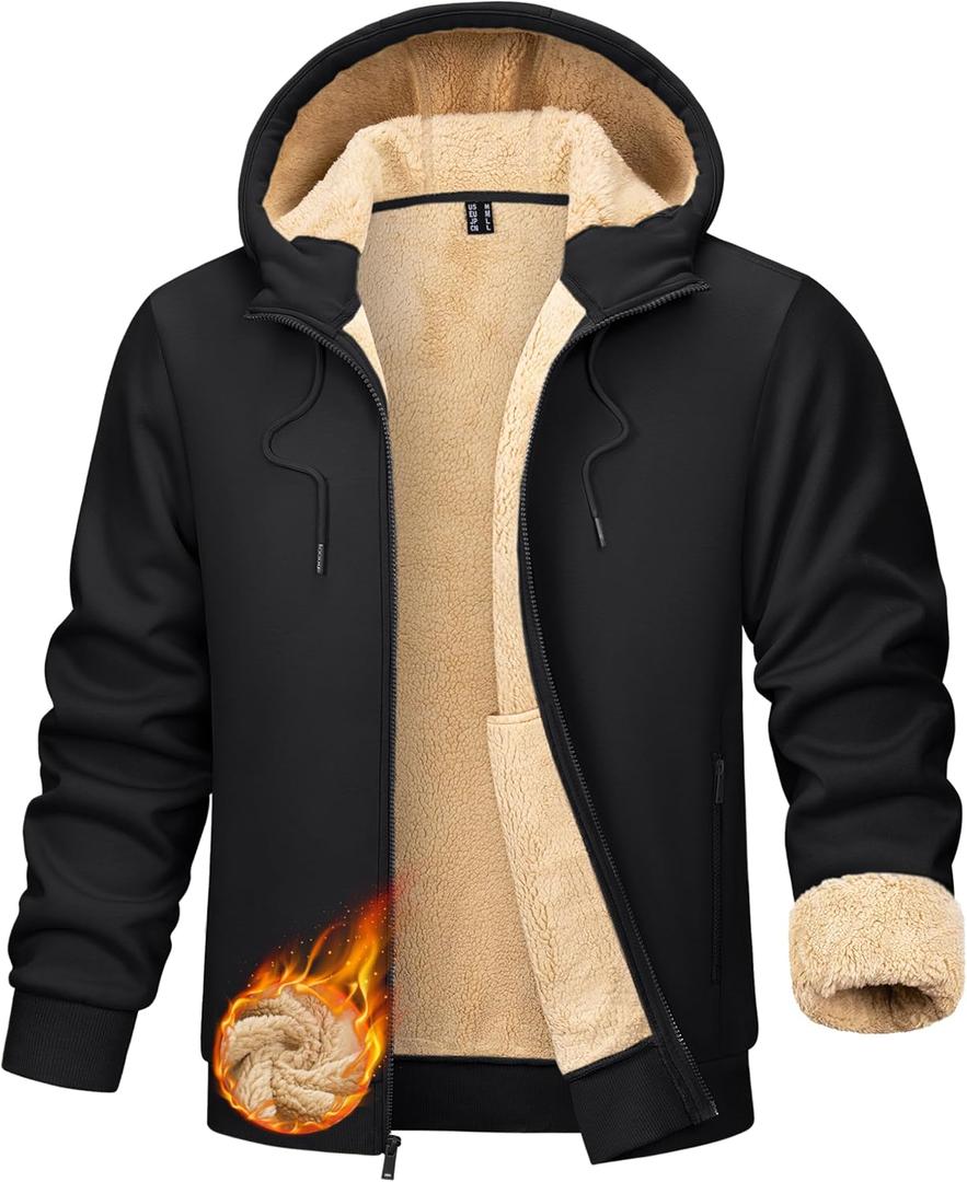 TACVASEN Men's Zip Up Sherpa Lined Hoodies Thick Fleece Heavyweight Jacket Windproof Thermal Zipper Sweatshirt (Black, XXL)