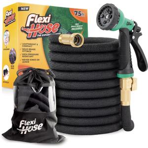Flexi Hose Plus Expandable Garden Hose with 8 Function Nozzle, 75FT - Lightweight Retractable Garden Hose, Water Hose - No-Kink Flexibility, 3/4 Inch Solid Brass Fittings Includes Hook & Bag (Black)