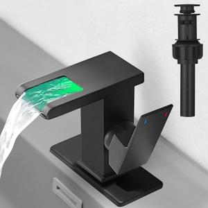 Hoimpro LED Waterfall Bathroom Faucet Matte Black, Single Handle Bathroom Sink Faucet 1 Hole, 3 Colors Light Changing vanity faucet, with Pop-up Drain and cUPC Supply Lines, Stainless Steel