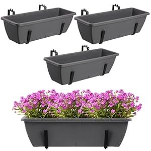 Sliner 3 Pack 24 Inch Railing Planter Box Hanging with Metal Brackets Adjustable Deck Planters for Railings, Balcony Planters Window Flower Pots for Outdoor Indoor(Black)