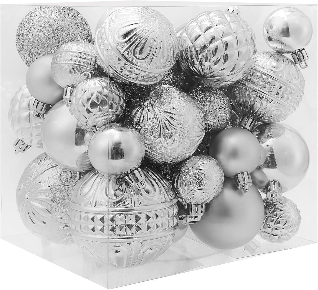Christmas Ball Ornaments Silver Christmas Tree Decorations with Hang Rope-36pcs Shatterproof Christmas Ornaments Set with 6 Styles in 3 Sizes(Small Medium Large)