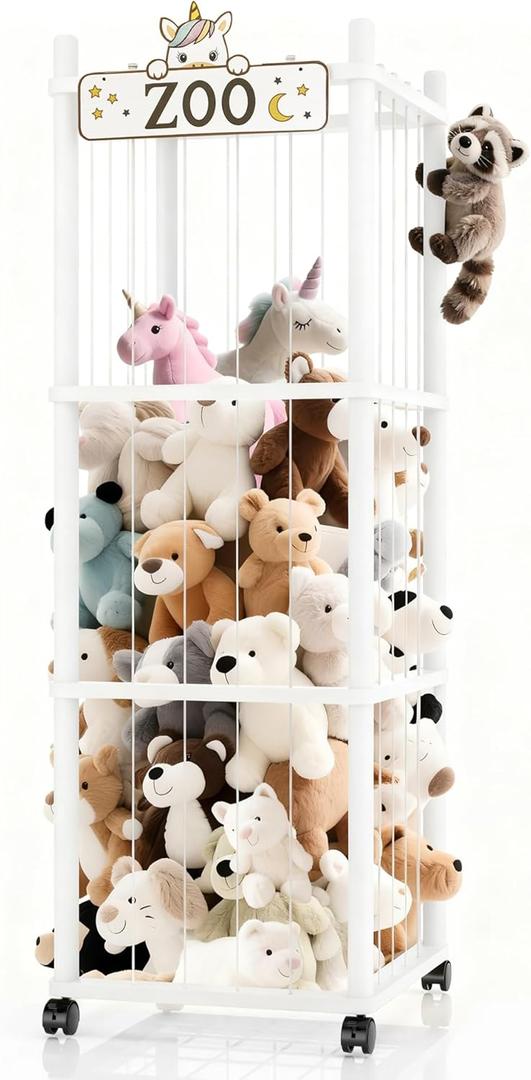 Stuffed Animal Storage Zoo Tower,56In Wooden Large Stuffed Animal Holder Organizer with Wheels,Stuffy Plushies Storage with Elastic Band&Mesh Bottom,Toy Storage Organizers for Playroom NurseryWhite
