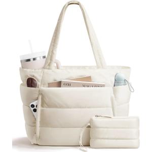 Bagstellar Puffer Tote Bag for Women, Lightweight Puffy Work Handbag Teacher Nurse Quilted Shoulder Bag for School Travel Gym | Cloud Bag w/ Zipper, Daily College Bags, 15.6" Computer Bag, Clinical Nursing Bag, 40 OZ Tumbler Holder, Ideal Gift for Women