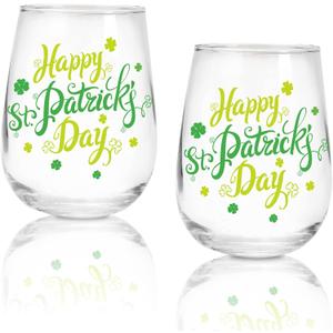 Whaline 2Pcs St Patrick's Day Stemless Wine Glasses 17oz Shamrock Drinking Glasses Happy St Patrick's Day Tumbler Cups Party Cups for St Patrick's Day Party Supplies Kitchen Decorations Gifts