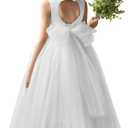 HEWEGO Elegant Floor Length Flower Girl Dresses for Juniors with Belt A-Line Puffy Satin Tulle Prom Gowns for Wedding Christmas Party White Size 8