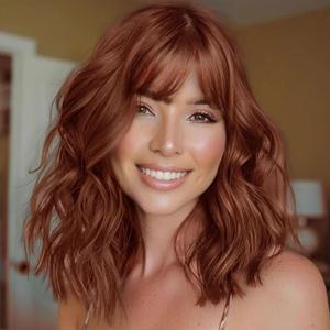 AISI HAIR Synthetic Wavy Curly Bob Wig with Bangs Burnt Orange Short Wigs for Women Synthetic Heat Resistant Bob Wigs