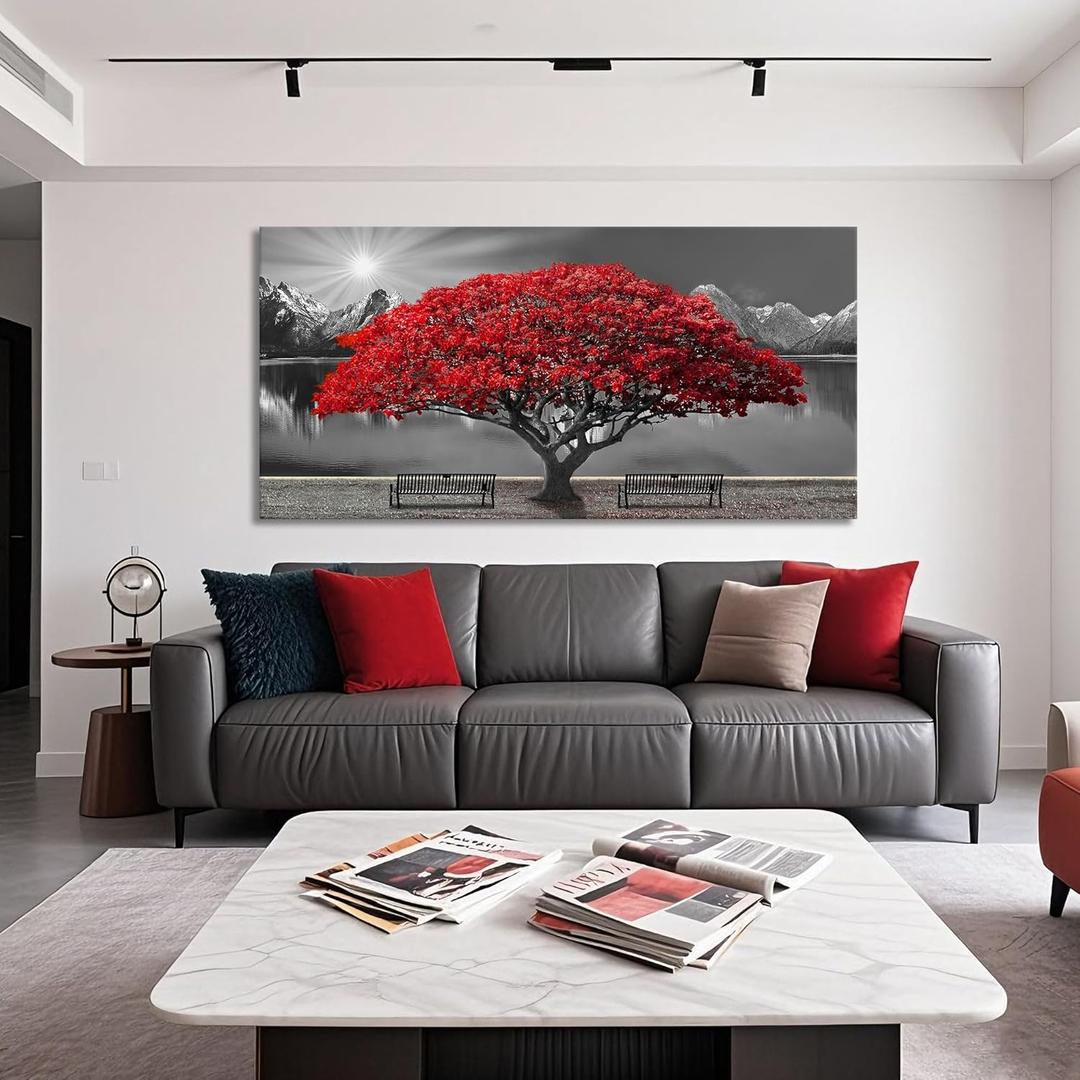 Mofutinpo Black and White Red Tree Wall Art Canvas Print Picture Large Red Tree Landscape Modern Artwork for Living Room Bedroom Office Home Wall Decoration Decor With Frame 20x40in