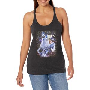 LOST GODS Women's Texas Boombox Cat and Unicorn Racerback Tank Top (Large, Black Heather)