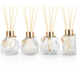 4-Piece Reed Diffuser Set with Metal Golden Decoration, 3.5-4.2oz Empty Bottles and 20 Reed Sticks, Unique Design for Home and Office (4 Different Bottles)