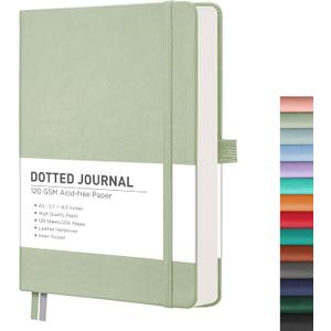 RETTACY Dotted Journal Notebook, 256 Pages, A5 Medium Size (5.7''  8.3''), Leather Hardcover, 120 GSM Thick Paper, for Bullet Journaling, Planning, Tracking (Light Green)