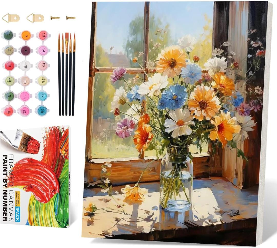 PRASIO Framed Paint by Numbers Kit for Adults Beginner, Flowers Adult Paint by Number Kits on Canvas Framed, DIY Acrylic Watercolor Oil Paint by Numbers with Frame for Gift Home Decor 16x20 Inch (XM-OP-F-WindowYellowFlower-4050)