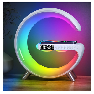 Smart LED Table Lamp, 4-in-1 Wireless Charger, Music Rhythm Ambient Night Light, Alarm Clock, and Bluetooth Speaker with App Control, G-Shaped Lamp for Bedroom, Office and Home Decor (White)