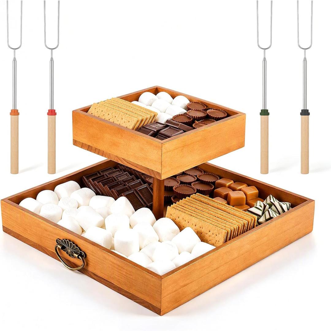 2 Tier Smores Kit Smores Station with 4 S'mores Sticks Camper Essentials Smore Caddy Organizer S'mores Box for Camping Supplies – Easy Campfire Treats